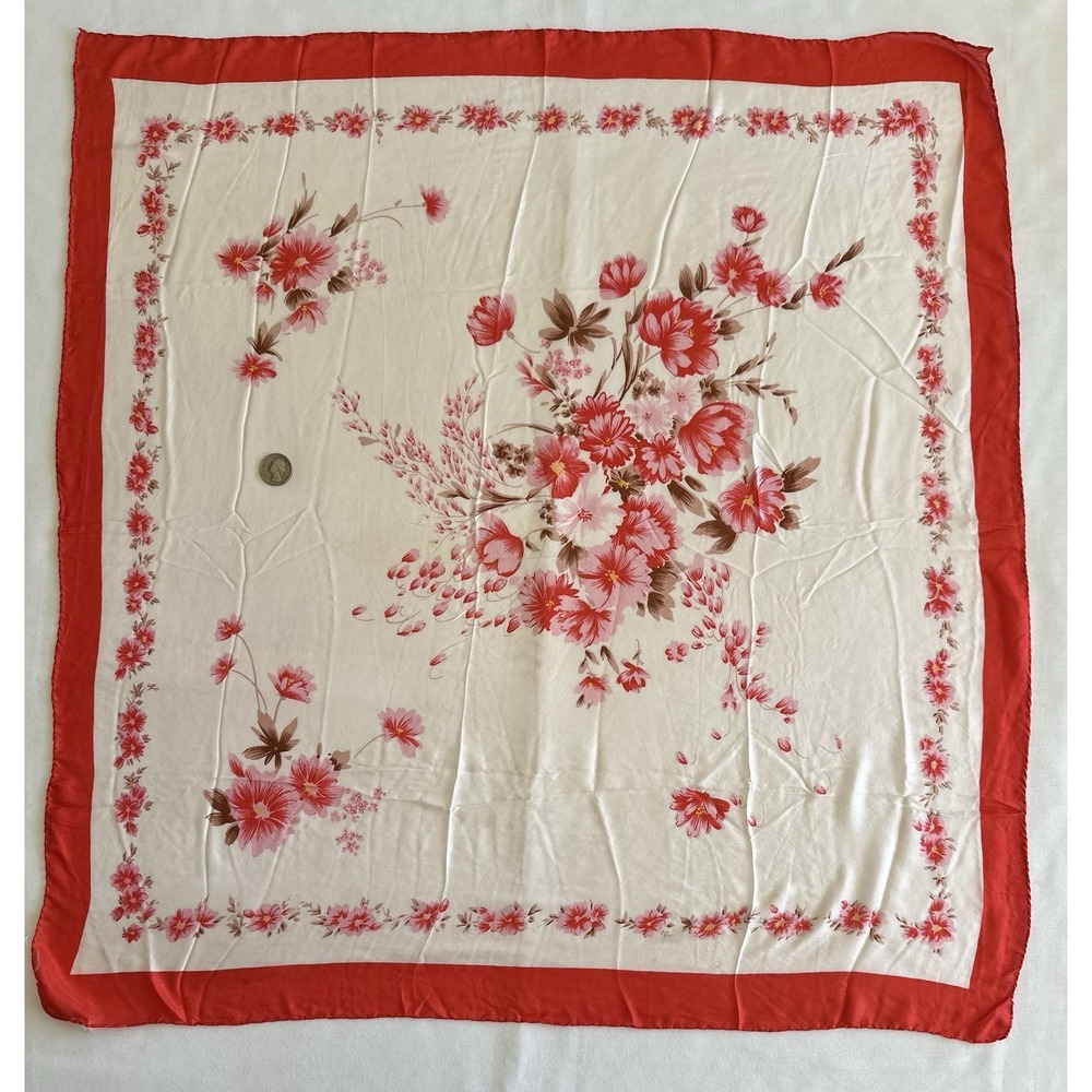 Vtg Silk Scarf Hand Rolled Hem Hand Printed Floral China‎ 27.5x30 Double Peach - Picture 10 of 16